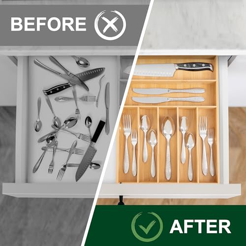 Utensil Organizer 13'' Silverware Drawer Organizer Cutlery Kitchen Bamboo | Natural Bamboo, 7 Compartment, Durable, Small Narrow Organizer, Silverware Tray, Utensil Holder, Silverware Drawer Organizer