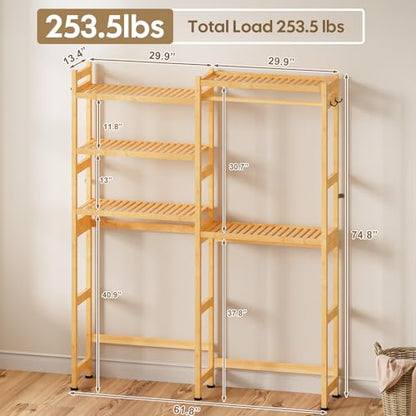 Cozivolife Over The Washer Dryer Storage Shelf: Bamboo 5 Tiers (Natural) | Laundry Room Drying Rack with Adjustable Shelves and 4 Hooks - Space Saver Organizer for Hanging Clothes and Towels