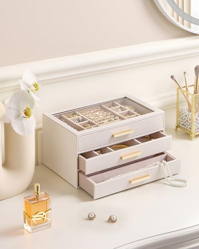 Lolalet Jewelry Box Organizer, 3-Layer Jewelry Storage Case -Beige | Jewellery Organizers and Storage with Glass Window, Ring Earring Bracelet Necklace Holder, Birthday Gifts for Women Girls Mom
