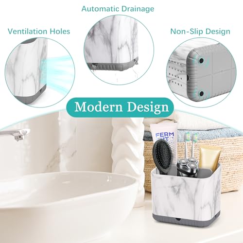 Toothbrush Holder for Bathrooms, Toothbrush Organizer (Grey Marble Grain) | Easy To Clean, Drainage, Removable, Non-Slip, 4 Slots Tooth Brush Holder for Bathroom Countertop Organizer
