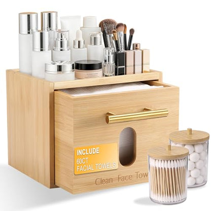 Bamboo Face Towel Holder Set with 2 Cotton Jars & 60 XL Disposable Wipes | Space-Saving Vanity Organizer Box with Dust-Proof Dispensing Drawer for Facial Towelettes & Wipes, Ideal Skincare Gift