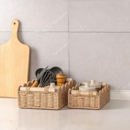CubesLand Scalloped Toilet Paper Storage Basket for Over Toilet Shelves | Decorative Wicker Organizer Basket Perfect for Home Countertop Storage, Small Basket, Living Room Shelf Decor, Neutral