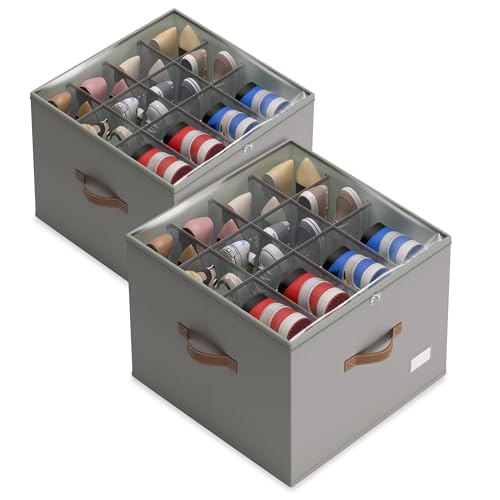 Vincona Shoe Organizer for Closet,2 Pack Shoe Storage Bins Foldable Shoe Storage Box Containers with Clear Cover and Sturdy Handles,Shoe Rack for Closet Storage for Sneakers Heels Slippers (Grey)