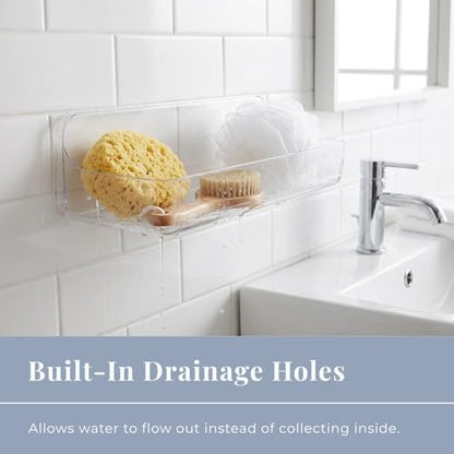 Long Adhesive Wall Organizer Shelf, No-Drill, Clear | BPA-Free PET, Built-In Drain Holes, Detachable, Extended Storage for Shampoo Bottles, Body Wash, Spice Jars