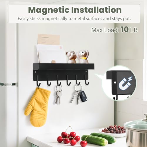 Magnetic Key Holder Wall Mount, Small Key Rack with Tray, Black | 2 Mount Options, Metal Material, 9.6 Inch, 6 Thin Hooks, Compact Design, Suits for Kitchen, Foyer, Entryway, Garage, Rv