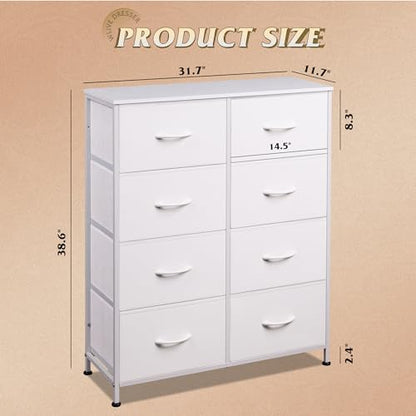 WLIVE 8 Drawer White Fabric Dresser for Bedroom, Tall Storage Tower | White tall 8-drawer fabric dresser with bins, ideal baby dresser for nursery kids room closet toddler clothes organization