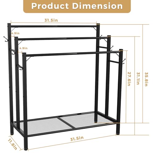 3 Tier Towel Rack with Large Storage & 6 Hooks, Blanket Rack for Oversized Bath Towels, Free Standing Pool Towel Rack Stand for Bathroom Pool Indoor/Outdoor, 35.8" H x 31.5" L x 11.8" W