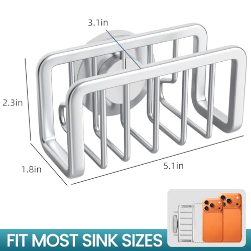 TAILI Sponge Holder for Kitchen Sink with Strong Suction Cup, Rustproof Aluminum Sink Caddy for Sponges, Removable Sponge Holder, Dish Brush for Scraper - Silver