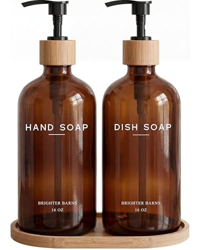 Amber Glass Hand and Dish Soap Dispenser Set by Br... (3 Count | Amber Hd | Bamboo, Glass)