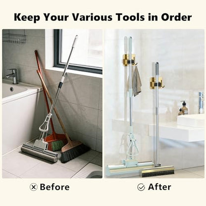 Mop and Broom Organizer Wall Hanging No Drill,Metal Utility Tool Hangers Wall Mountable,Garage Closet Organizer Heavy,Storage Rack Self Adhesive 2Pcs for Bathroom, Kitchen, Office,Laundry.Gold