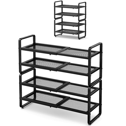 Expandable Metal Shoe Rack for Closet, Entryway & Garage, 4-Tier, Black | Adjustable Height for Boots, Stackable Design, Dense Mesh Shelves for Heels, Fits Small Spaces, Apartments and Rentals