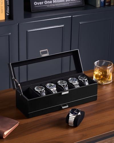Lolalet 6-Slot Watch Case for Men, Mens Jewelry Box with Glass Lid -Black | Watch & Jewelry Box with Drawer, Easy-Clean PU Leather, Soft Removable Pillow, Home Organizer&Display, Dust-Proof, Men's Gift