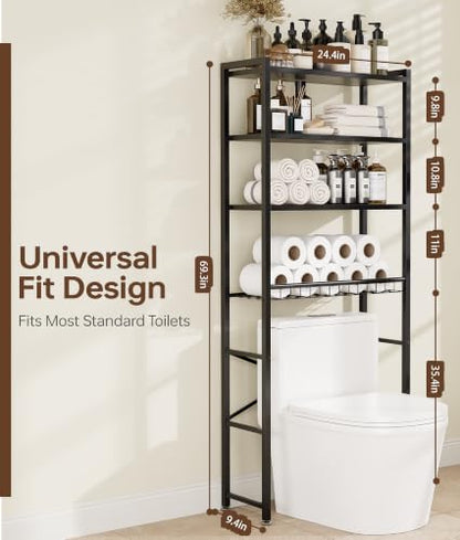 4-Tier Over-the-Toilet Storage Rack with One-Piece Wooden Shelves & Open Net Basket, Bathroom Organizer with Adjustable Feet & Anti-Tip Kit, Space-Saving Toilet Shelf, Brown, 24.4" x 9.4" x 69.3"