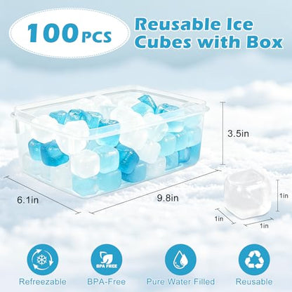 100 Pack Reusable Ice Cubes with Storage Box, Refreezable Plastic Ice Cubes for Drinks, Non-Melting BPA Free Pure Water Filled Ice Cubes for Whiskey, Wine, Coffee, Cocktail, Party & Daily Use