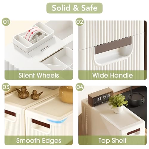 4 Drawers Narrow Bathroom Storage Cabinet, Slim Storage Cabinet, Plastic Slim Storage Cart Drawers for Small Spaces, Laundry, Office, Home, White
