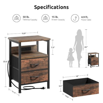 Night Stand with Charger Station for Bedroom, Brown Nightstand | Bedside Table, Open Shelf, 2 Fabric Drawers, Built in USB-A, USB-C Port & AC Outlets, For Dorm, Living Room, Bedroom