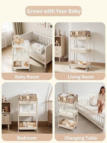 Baby Diaper Caddy, 3 Tier Rolling Storage Cart for Baby Essentials, Diaper Cart with Detachable Dividers, Storage & Baby Bottle Organizer, Nursery Dresser for Bedroom, Living Room (Taupe)