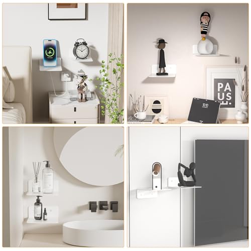 Adhesive Small Shelf for Wall, 4.9" Metal Flaoting Shelves, 2 Pack | Cool White, Aluminum, No Drill, Cable Hole, Wall Display Ledges for Echo Cameras Small Speaker, For Living Room Bedroom Dorm