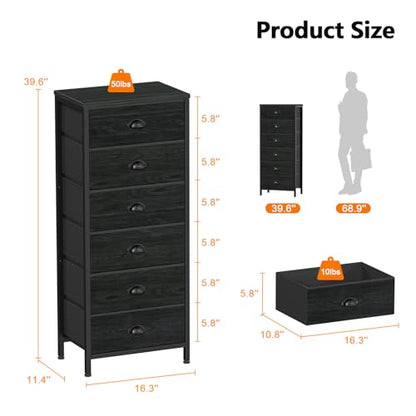 Black Dresser for Bedroom, Tall Fabric Chest of Drawers | Bedroom Dresser with 6 Fabric Bins, Vertical Storage Drawer for Dorm, Organizer in Closet, Living Room, Wood Top, Metal Frame