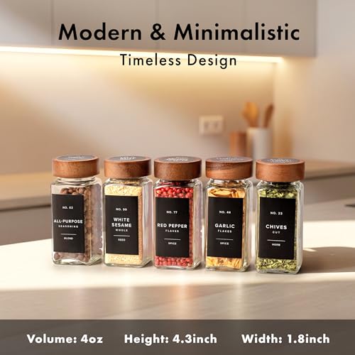 Glass Spice Jars with Label, 24x Acacia Wooden Lids - Black Labels