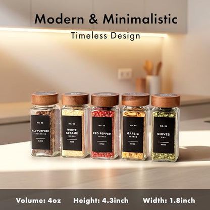 Glass Spice Jars with Label, 24x Acacia Wooden Lids - Black Labels