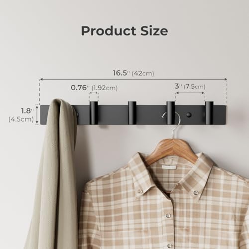 Black Wall Mounted Coat Rack – 5 T-Shaped Hooks on 16.5" Rail, (1 Pack) | for Hanging Hats, Bags & Towels, Heavy-Duty Metal Hooks for Entryway, Bathroom, Closet, Bedroom