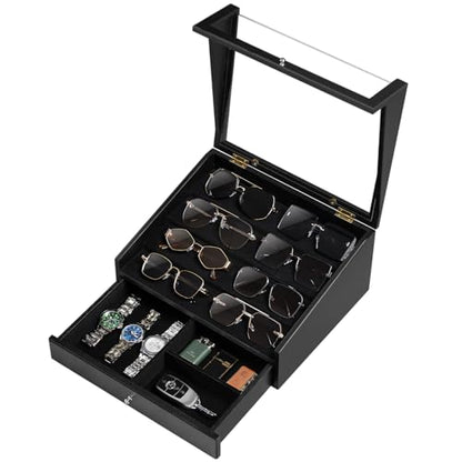 Sunglass Organizer for 14 Pairs, Large Wooden Sunglasses Display Case with Clear Lid & Drawer, Dustproof Glasses Storage Organizer for Men Women Countertop (Black)