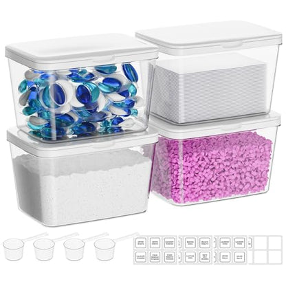 Vtopmart 4 Pack Laundry Pods & Detergent Container, Dryer Sheet Holder | Clear Laundry Powder Container with Lids &Labels & Scoop for Laundry Room Organization, Stackable Laundry Room Decor Bins