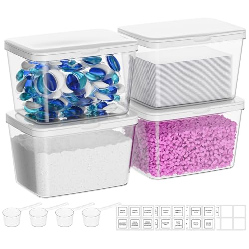 Vtopmart 4 Pack Laundry Pods & Detergent Container, Dryer Sheet Holder | Clear Laundry Powder Container with Lids &Labels & Scoop for Laundry Room Organization, Stackable Laundry Room Decor Bins