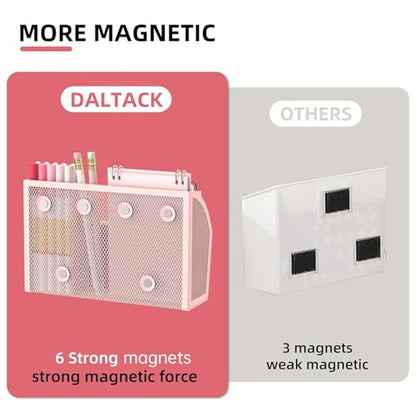 DALTACK 3-Grid Magnetic Pencil Holder, Strong Magnet Locker Organizer, Pink | Mesh Magnetic Shelf, Marker Holder Perfect for Whiteboard, Refrigerator and Locker Accessories