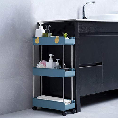 Melody House 3-Tier Slim Mobile Shelving Unit on Wheels, Slide Out Rolling Bathroom Storage Organizer, Utility Carts Shelf Rack for Kitchen Bathroom Laundry Room Narrow Places, Navy Blue