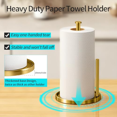 Paper Towel Holder Countertop, Standing Paper Roll Holder with Anti Slip Weighted Base, Stainless Steel Freestanding Paper Towel Holder for Kitchen, Gold