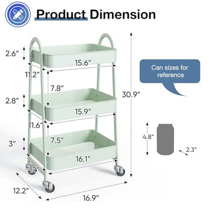 OLIXIS Metal 3 Tiers Rolling Storage Utility Cart with Lockable Wheels | Mobile Organizer Shelf, Space-Saving, Freestanding, Bathroom, Living Room, Slim, Narrow Corner Spaces, Pale Green