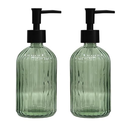 YYTSGG Green Glass Soap Dispenser Set with Black Pump, 13.5oz, 2 Pack | Refillable Liquid Hand Soap Dispenser, Lotion Dish Soap Dispenser for Modern Home Decor, Bathroom, Kitchen Countertop, Hotel