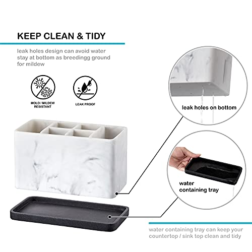 Marble Look Toothbrush Holder for Bathroom Countertop Organizer, Holds Toothpaste, Dental Floss, Razor, Comb, Makeup Brushes, and More, Stylish Bathroom Accessory for Tooth Brushing Essentials