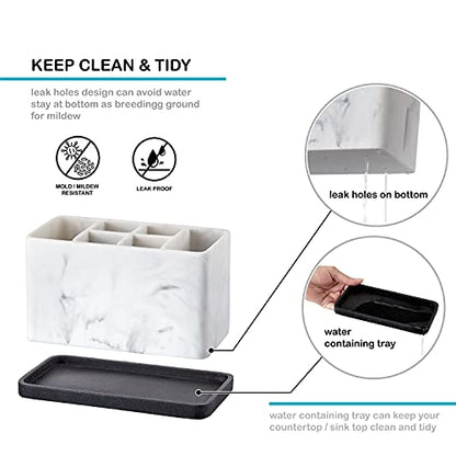 Marble Look Toothbrush Holder for Bathroom Countertop Organizer, Holds Toothpaste, Dental Floss, Razor, Comb, Makeup Brushes, and More, Stylish Bathroom Accessory for Tooth Brushing Essentials