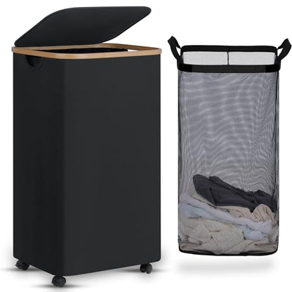 efluky Laundry Basket with Wheels, Tall Rolling Laundry Hamper with Lid and Removable Bag, Aesthetic Dirty Clothes Hamper on Wheels for Laundry Room, Bedroom, Dorm and Bathroom, 100L Black
