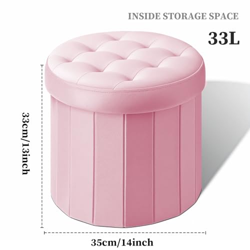Bsketa Round Storage Ottoman, 14" Folding Velvet Foot Stool Rest,Pink | Foot Stool with Thicker Foam Padded Seat Small Velvet,Livingroom, Dorm, Bedroom, Easy to install,14 x 14 x 13in