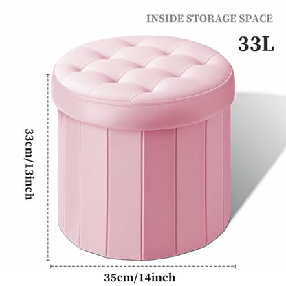 Bsketa Round Storage Ottoman, 14" Folding Velvet Foot Stool Rest,Pink | Foot Stool with Thicker Foam Padded Seat Small Velvet,Livingroom, Dorm, Bedroom, Easy to install,14 x 14 x 13in
