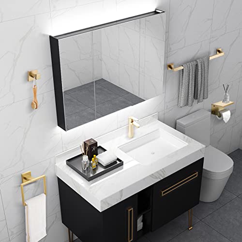 Brushed Gold Bathroom Towel Bar Holder Sets Premium Stainless Steel 4-Piece Bathroom Hardware Set Wall Mounted Bathroom Toilet Paper Holder with Shelf Set.