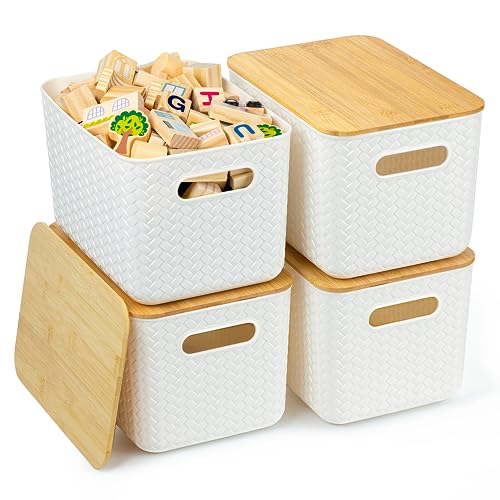 4 Packs Storage Bins with Bamboo Lids - Plastic St... (4 Count | White | Plastic)