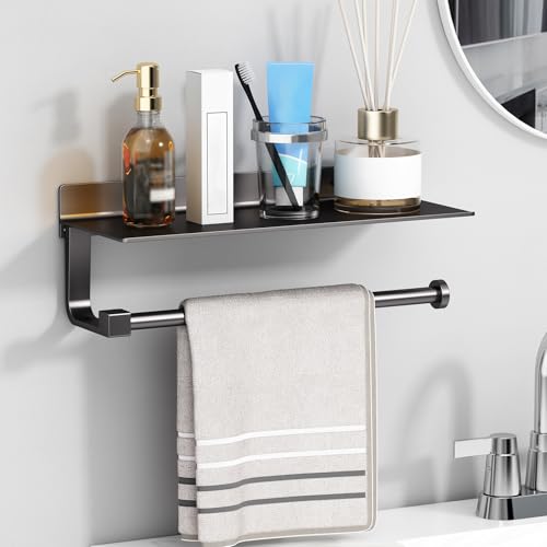 Wall Mount Paper Towel Holder with Shelf for Bathroom/Kitchen, Adhesive Hand Towel Holder, Matte Black