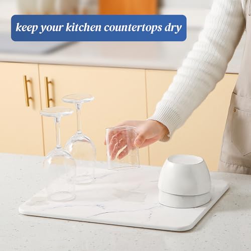 Quick Dry Stone Drying Mat for Kitchen Counter, Water-Absorbent Diatomaceous Dish Drying Mats, Multi-Purpose Stone Drying Tray for Cups Dishes Bottles, Carrara White Marble