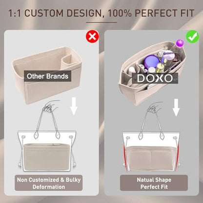 Purse Organizer Insert for Handbags & Base Shaper 2pc Set, Felt Neverfull MM Organizer Insert, Tote Bag Organizer with Zipper Pocket and Bottle Holder, Fit Speedy 30 Neverfull MM and More,Beige-L