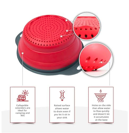 Set of 3 Niklye Ultimate Kitchen Strainers—1×10” & 2×12” Collapsible Silicone Colanders. Now more durable and robust for everyday use with pasta, veggies, fruit & more.