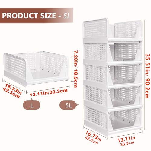 CTSNSLH 5 Pack Closet Organizers Stackable Storage Box | White Stackable Plastic Drawer Bins for Closets, Wardrobes, Kitchens, Bathrooms, Offices