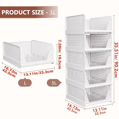 CTSNSLH 5 Pack Closet Organizers Stackable Storage Box | White Stackable Plastic Drawer Bins for Closets, Wardrobes, Kitchens, Bathrooms, Offices