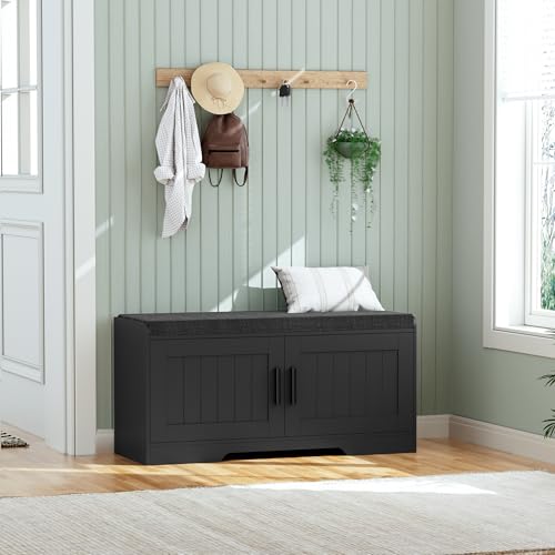 Homleke Shoe Storage Bench, 2 Doors & Thickened Padded Seat Cushion | 2-Tier Shoe Bench, Entryway Bench, Adjustable Shelf, 13.8" D x 37.4" W x 18.5" H, for Living Room, Bedroom, Black
