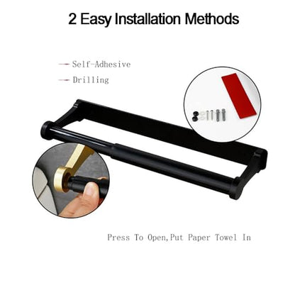 Paper Towel Holder - Self-Adhesive or Drilling, Black, Wall Mounted, Kitchen Roll Dispenser Under Cabinet or Inside Cabinet
