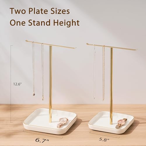 pickpiff Necklace Holder Stand with Ceramic Base: 12" Jewelry Tree Display Organizer for Necklaces, Bracelets, Rings, Earrings, Tall Gold Stand for Women, Aesthetic Room Décor, Gold and White